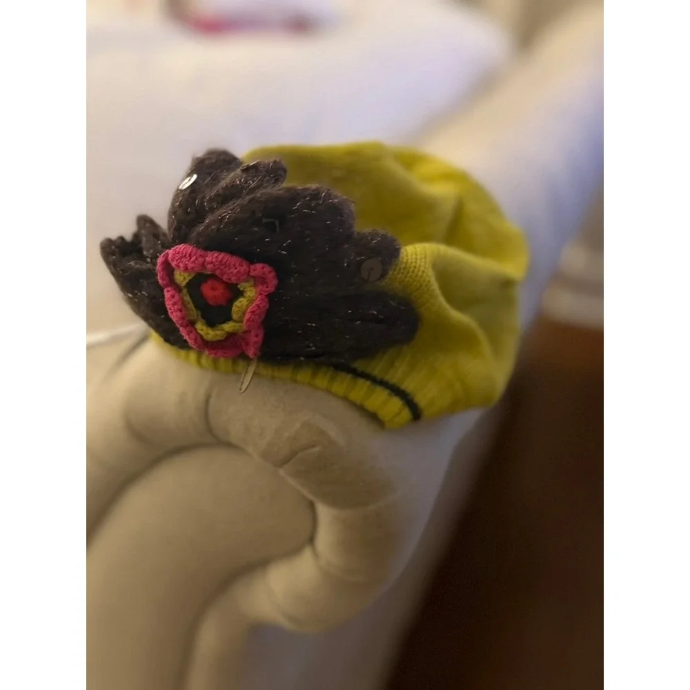 Vintage Catimini Girls Knit Beret Hat T3 Lime Green Floral Applique NWT